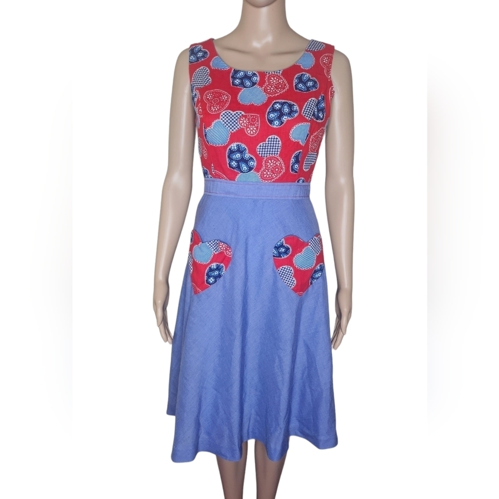 Vintage Mitch Robert women's blue red heart print prairie cottagecore dress XS